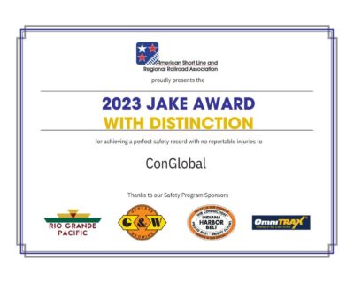 ConGlobal Earns Prestigious Safety Recognition with ASLRRA’s Jake with Distinction Award